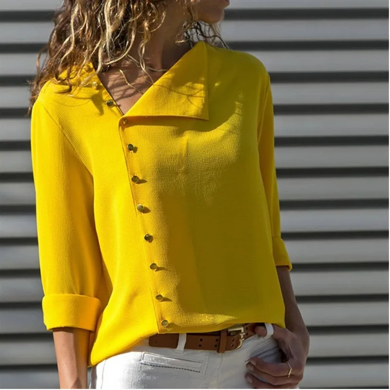 

Autumn Button Irregular Oblique Lead Long Sleeve Blouse Ladies Office Shirts Loose Plus Size Womens Clothing Blusas Mujer Ez*