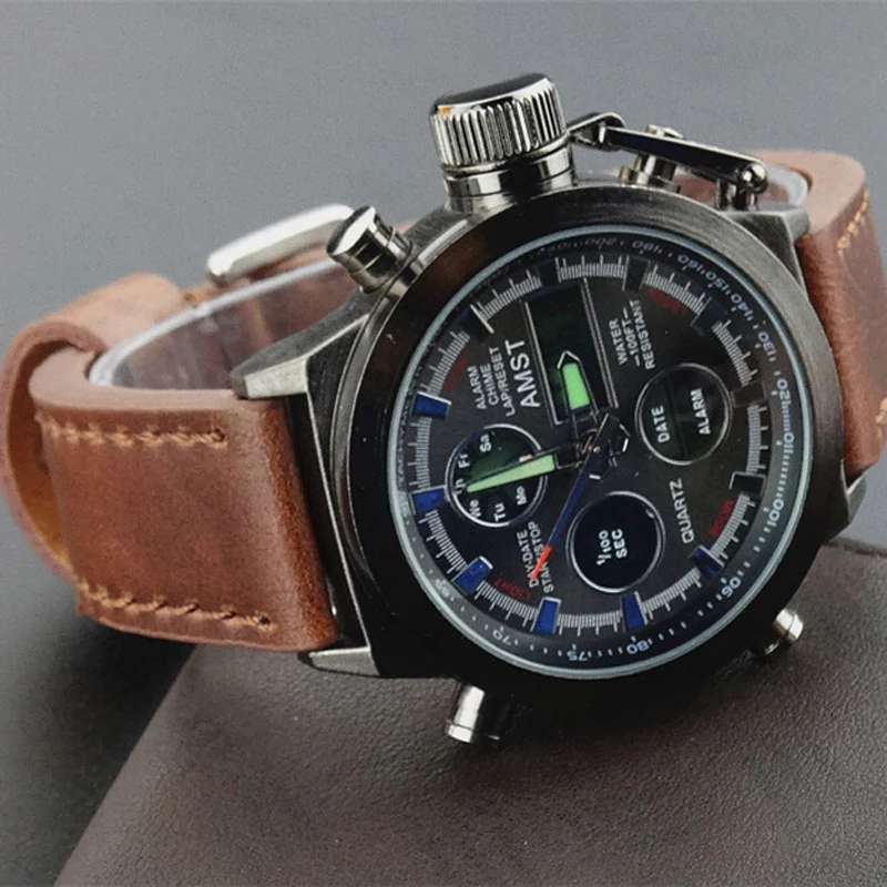 Часы Мужчины Люксовый Бренд AMST Спорт Кварцевые Кожаный Ремешок СВЕТОДИОДНЫЕ