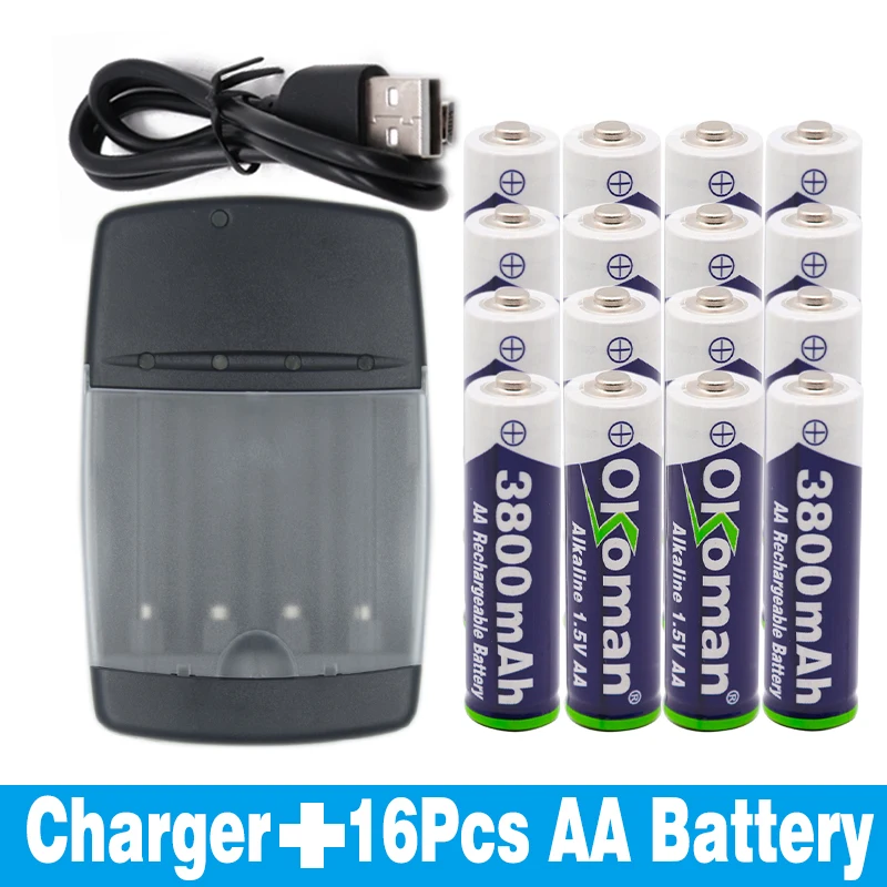Синий AA 3800mah 1,5 V Щелочная перезаряжаемая батарея для Светодиодный светильник, электрический игрушечный аккумулятор и четырехслотовое щелочное зарядное устройство - Цвет: Синий