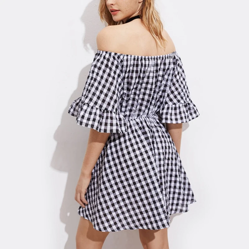 2017 Cold Shoulder Slash Neck Black White Plaid Dress Flower Print Flare Sleeve Mini Girl Party Dresses Vestidos |