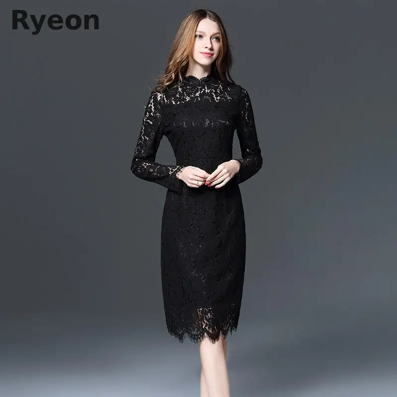Ryeon 5XL Дамы Элегантный Черный Плюс Размер Весна Dress женская Одежда Офис Кружева