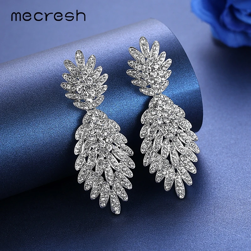 Длинные висячие серьги Mecresh в виде растения для невесты серебряный цвет стразы с