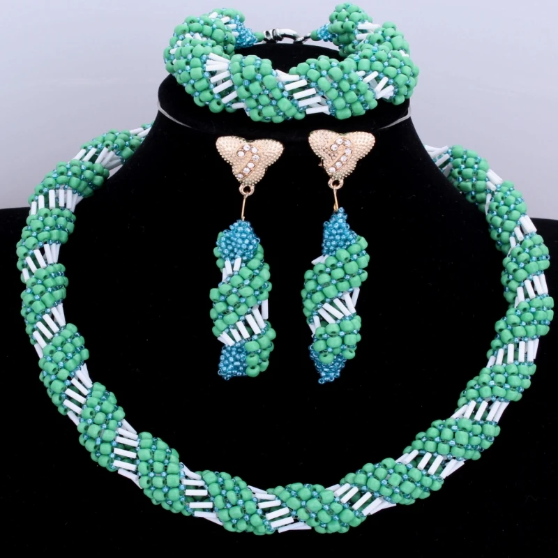 Gorgeous Sea Blue Green and White African Jewelry Sets Of Beads Nigerian Wedding Jewellery Set For Women Good Costume | Украшения и