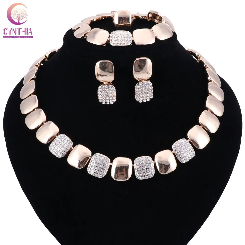 Модные женские комплекты ювелирных изделий золотого цвета ожерелье браслет