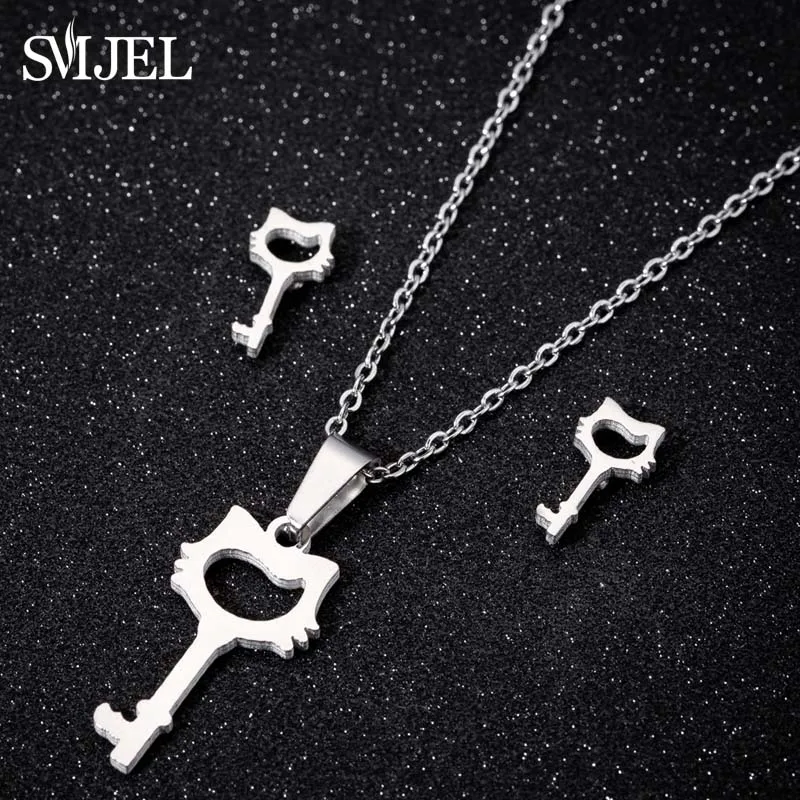 Набор колье SMJEL Cute из нержавеющей стали в форме ключа с котиком для женщин и девочек, подарок на дружбу.