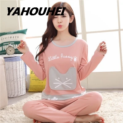 koudaimao pink Большие размеры, M-3XL, женские пижамные комплекты, хлопок, одежда для сна, весна-осень, пижамы с длинным рукавом, пижамный комплект с круглым вырезом, женские пижамы - Цвет: koudaimao pink