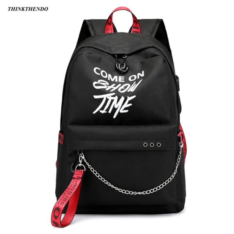 Black Red Belt THINKTHENDO Новая модная школьная сумка с буквенным принтом, водонепроницаемый рюкзак для ноутбука, светящийся чехол с надписью, зарядное устройство USB - Цвет: Black Red Belt
