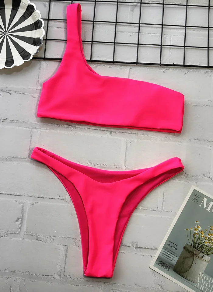 Karlofea Summer One Shoulder Asymmetric Bikini V Shape Thong Swimsuit Women Fashion Neon Green Pink Swimwear Sexy Chic Beachwear