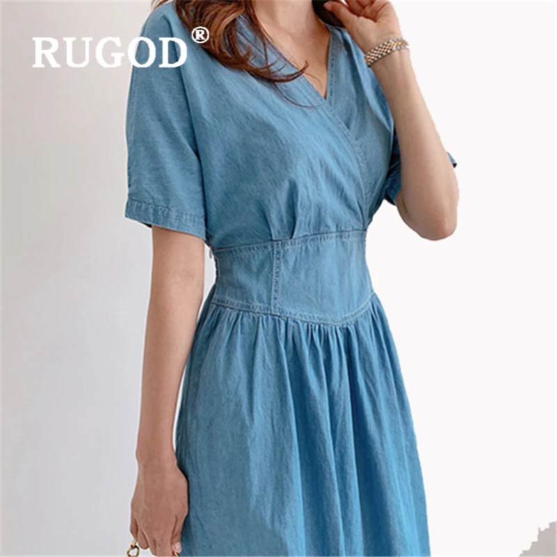 RUGOD корейское тонкое джинсовое женское платье с коротким рукавом и v-образным