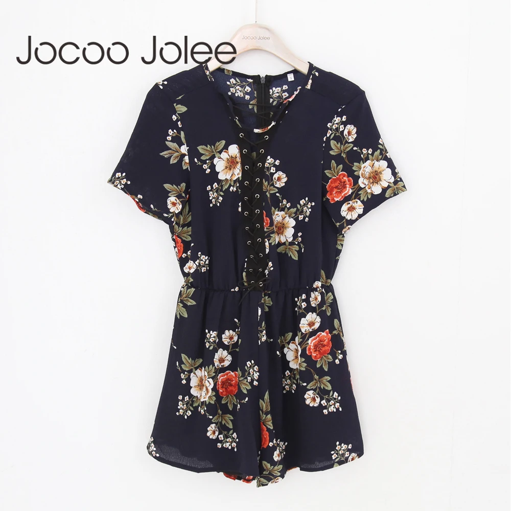 

Jocoo Jolee пикантные Цветочные Комбинезоны На Шнуровке Для женщин в богемном стиле женские летние пляжные шорты 2018 свободного кроя Новинка