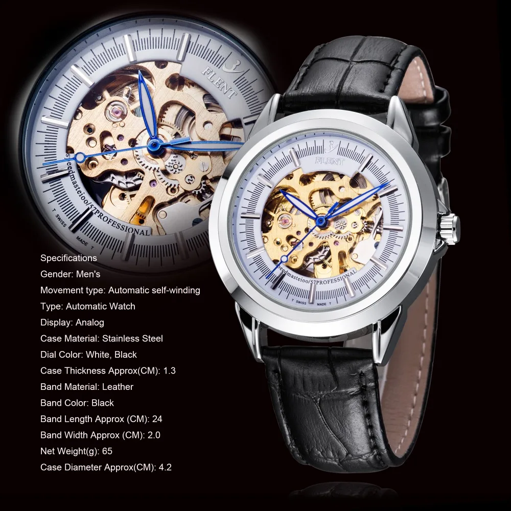 Мужские часы с кожаным ремешком Автоматические наручные скелетоны механические