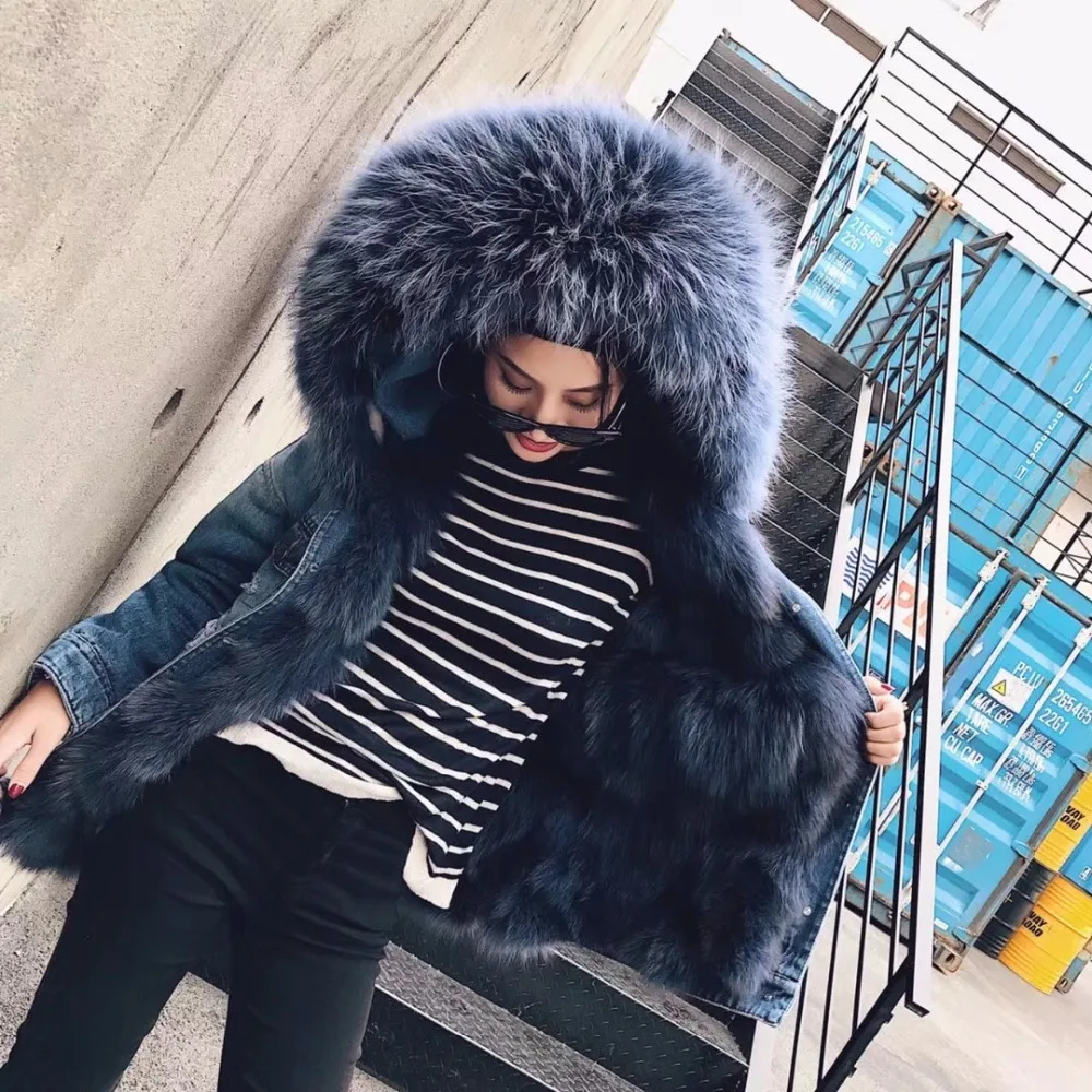 Женская меховая парка джинсовая с натуральным лисьим мехом|real fox|real fox furfox fur |