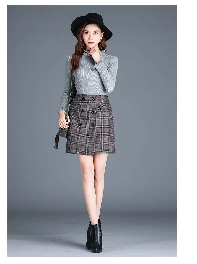 Женская шерстяная клетчатая юбка Корейская привлекательная трапециевидная с