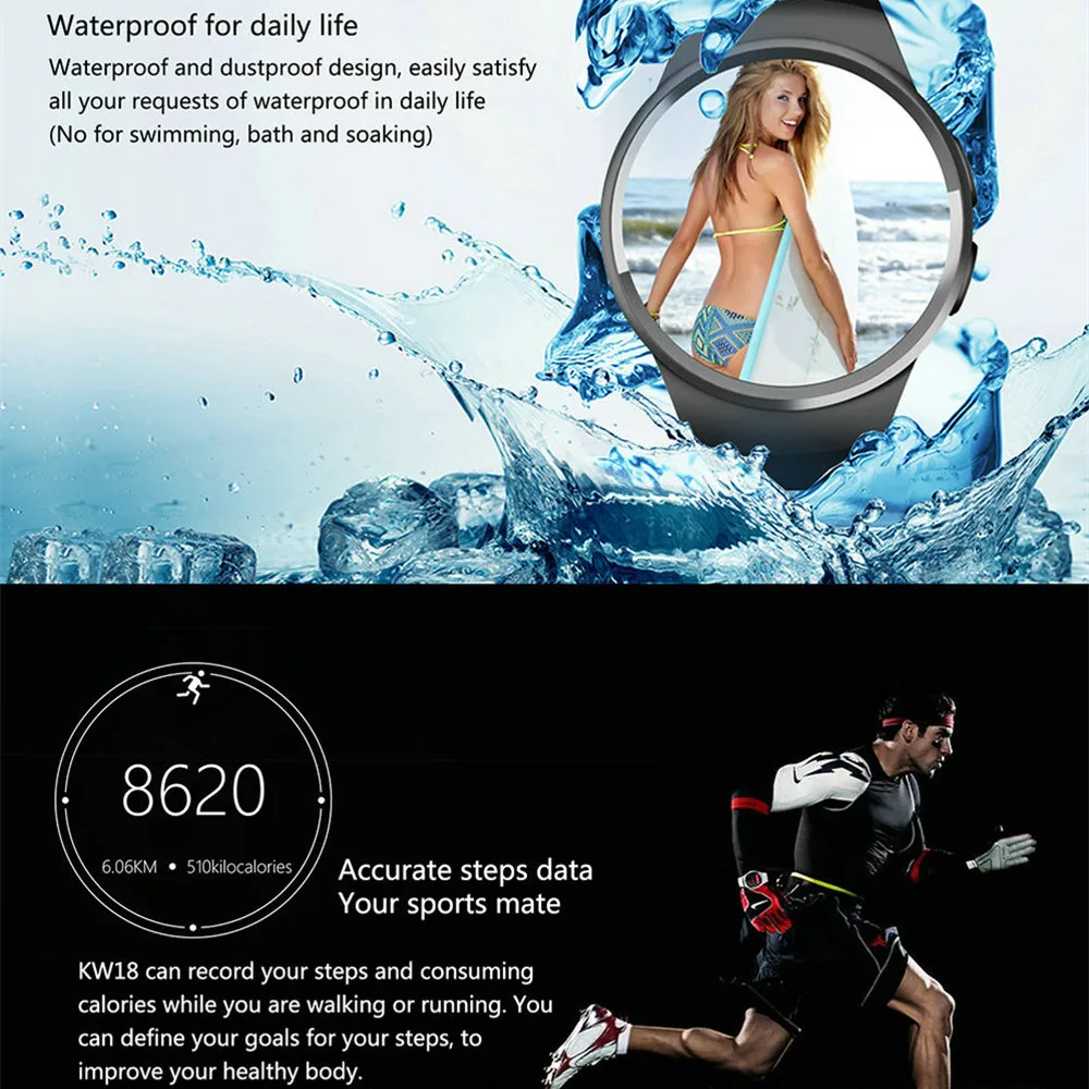 

Beseneur KW18 Bluetooth Smart Watch full screen Support SIM TF Card Smartwatch Heart Rate for Android IOS phone huawei xiaomi