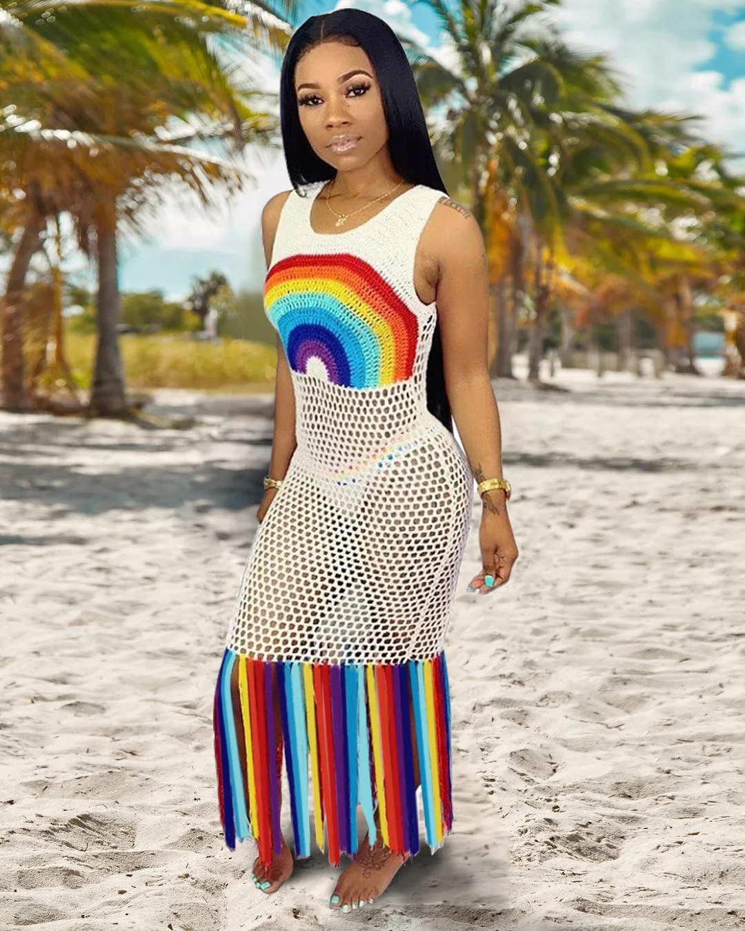 Радужное сексуальное пляжное платье с кисточками в стиле бохо женское ажурное