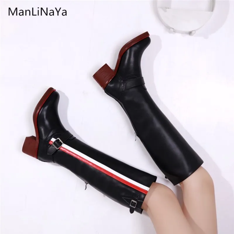 

2019 latest luxury design buckle belt ladies boots red and white plaid stripes ladies runway boots wooden square leather ladies