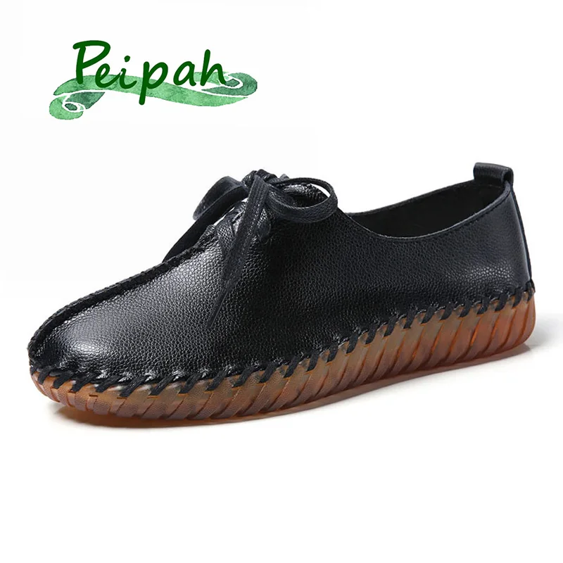 

PEIPAH 2019 Designer Hand-sewn Women Genuine Leather Shoes lace-up Female Flats Shoes Casual Solid Women's Loafers