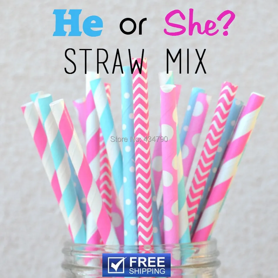 

200pcs Mixed 4 Designs He or She Paper Straws Baby Shower, Light Blue and Hot Pink Chevron, Striped, Swiss Dot, Party Supplies