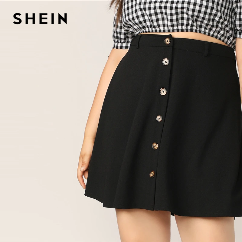SHEIN Размера Плюс Юбка-Клёш Женская Летняя Черная Короткая Юбка С Пуговицами