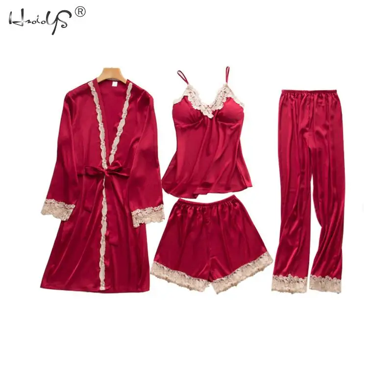 Wine Red Женские пижамы шелковые 4 шт. костюм женский Сексуальный Атласный пижамный комплект Женский комплект в виде кружевной пижамы ночное белье осень зима домашняя одежда ночное белье - Цвет: Wine Red