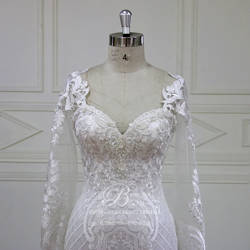 Elegant Mermaid Wedding Dresses 2018 Long Sleeve Lace Appliques Beads Court Train Bridal Gowns Vestido de Noiva XF17134