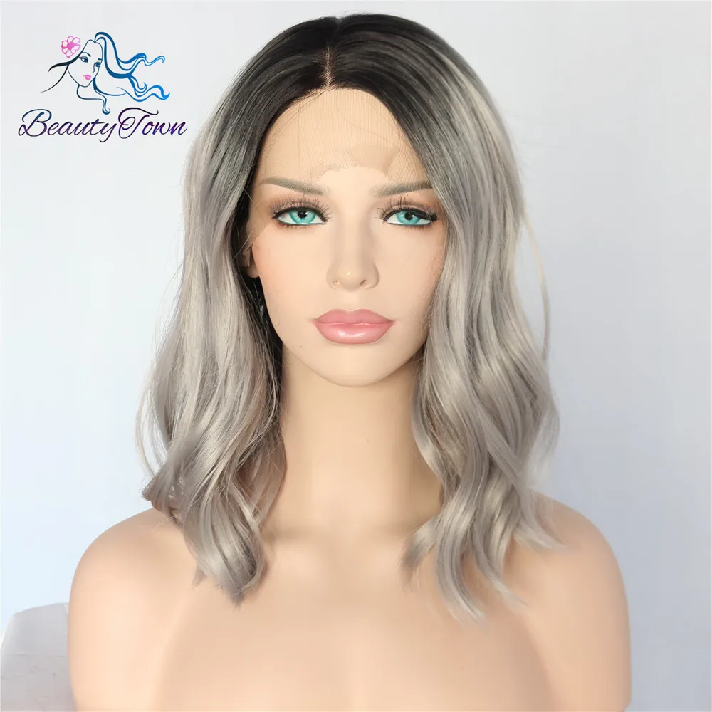 BeautyTown короткий Тип Черный Омбре серый Glueless ручная вязка большая часть шнурка термостойкие ежедневный макияж Синтетические Кружева передние парики