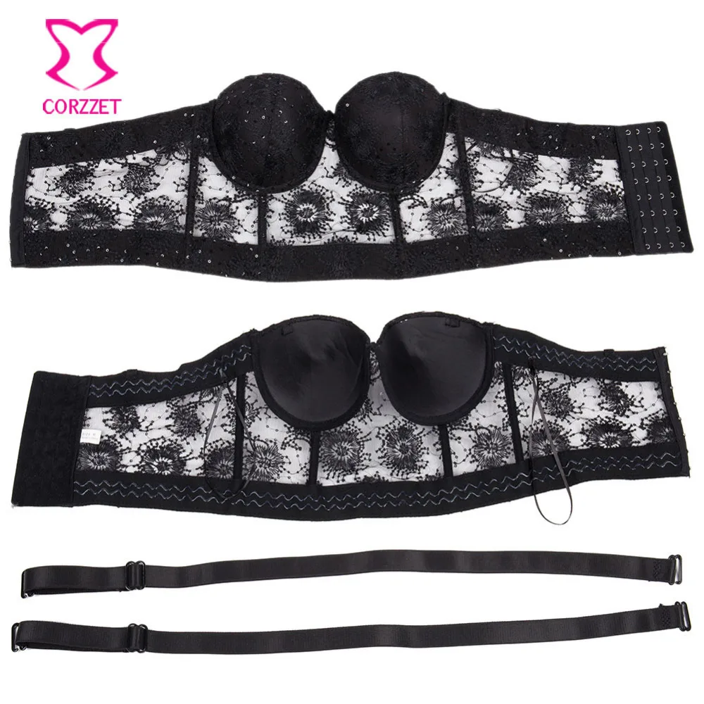 Черное готическое бюстье с цветочной вышивкой и блестками бюстгальтер пуш ап
