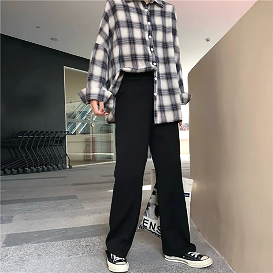 Черные прямые брюки повседневное Высокая талия Костюм широкие корейская мода