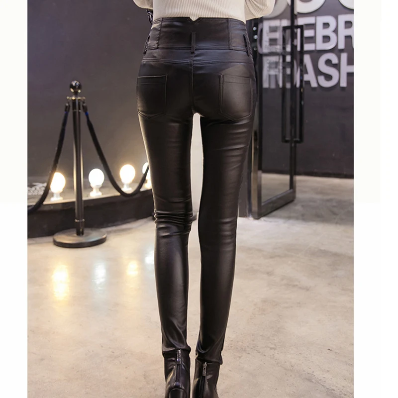 Кожаные брюки женские зимние с высокой талией 2019 новые PU узкие бархатные кожаные
