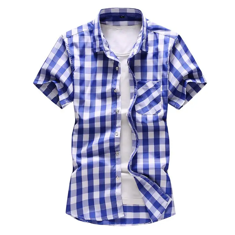 

Plaid Shirt Men Turn-down Collar Short sleeve Mens Shirts Summer Dress Blouse Men Lattice Check Design New Green Blue Navy