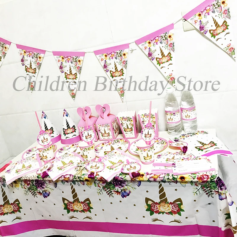 105 шт./лот Розовый Единорог тема одноразовые вечерние посуда одноразовая наборы