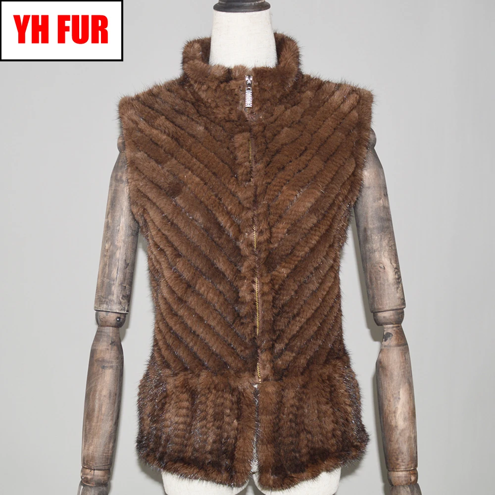 Весна Осень 2020 вязаные жилеты из натурального меха норки женская модная