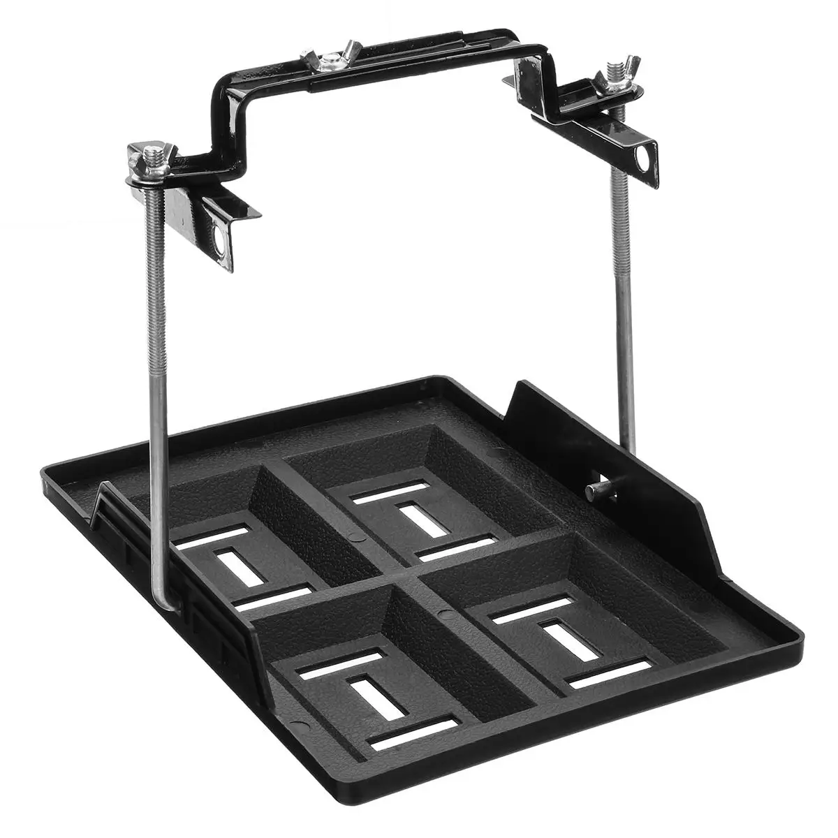 Universal Car Battery Tray Adjustable Hold Down Clamp Bracket Cycle 19 x 28cm Recessed Slots Metal Black Automotive/Marine Use