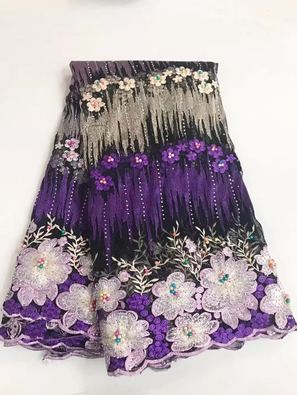 Фиолетовый французское кружево бисером французский чистая кружевной Нигерии