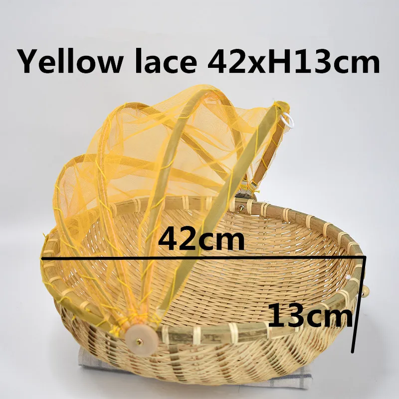 Yellow lace 42xH13cm Подарочная корзина ручной работы Бамбуковая ткань плетеная корзина пылезащитный фруктовый лоток пищевые блюда для хлеба крышка с марлей Panier Osier хранения - Цвет: Yellow lace 42xH13cm