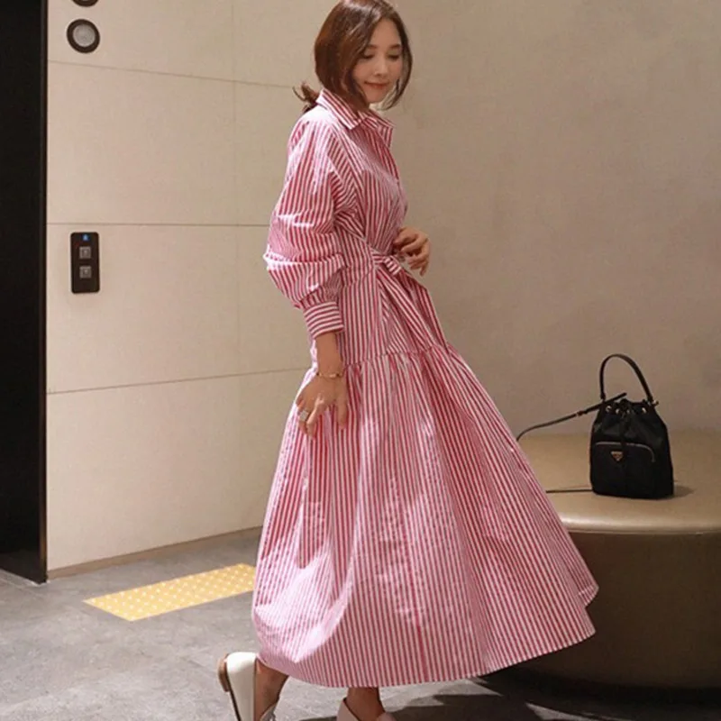 

2019 New Loose Turn-down Collar Sashes Bow Shirt Type Dress Women Long Section Stripe Autumn Asymmetry Clothes RE2452