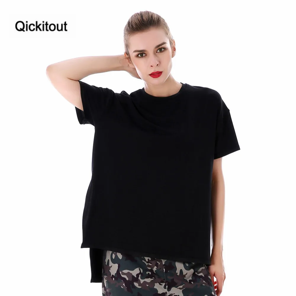 Женская Повседневная футболка Qickitout черная однотонная хлопковая брендовая
