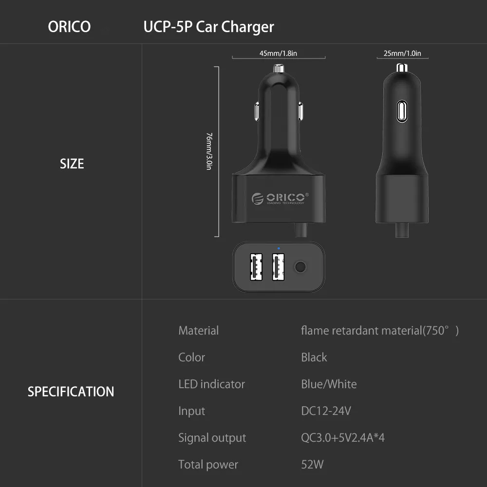 ORICO 5 Порты и разъёмы QC3.0 зарядных порта USB для автомобиля Зарядное устройство Универсальный USB Зарядное устройство с адаптером 52 Вт для MPV Субару Outback автомобиля мобильных телефонов Tablet PC 12 V-24 V