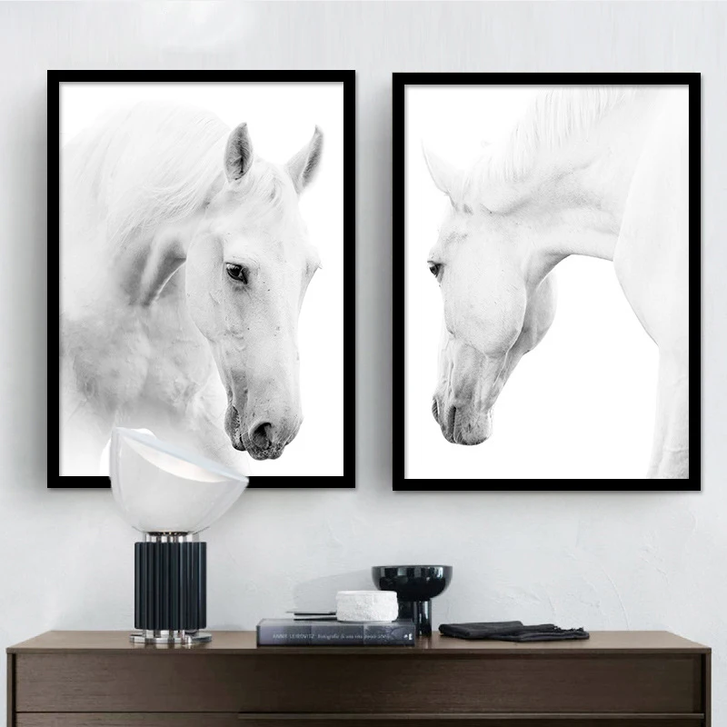 

Декоративные постеры HAOCHU в скандинавском стиле, прямоугольные вертикальные и горизонтальные картины на холсте, без рамки, с изображением животных, белых лошадей, белый фон