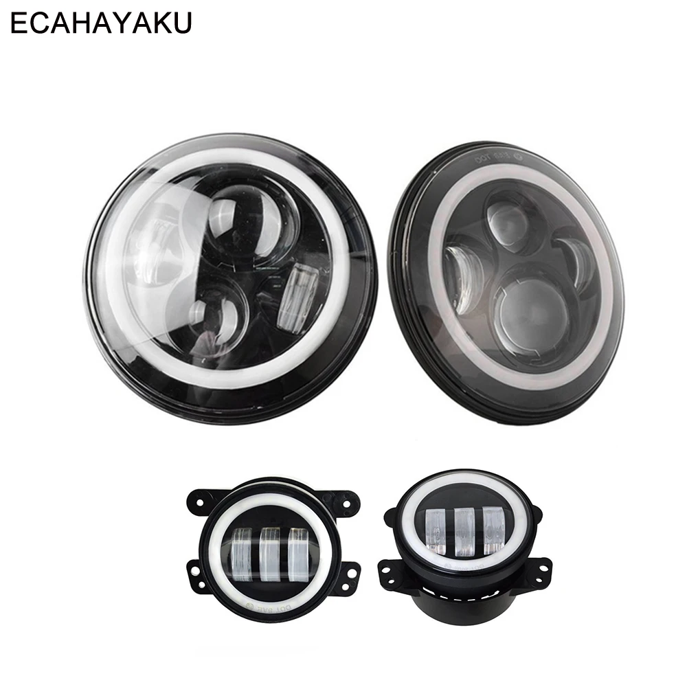 

ECAHAYAKU For Hummer H1 H2 Halo Headlights 4" LED Fog Light DRL+2Pcs H4 7Inch Round Headlamp LED Headlights for Jeep Wrangler JK