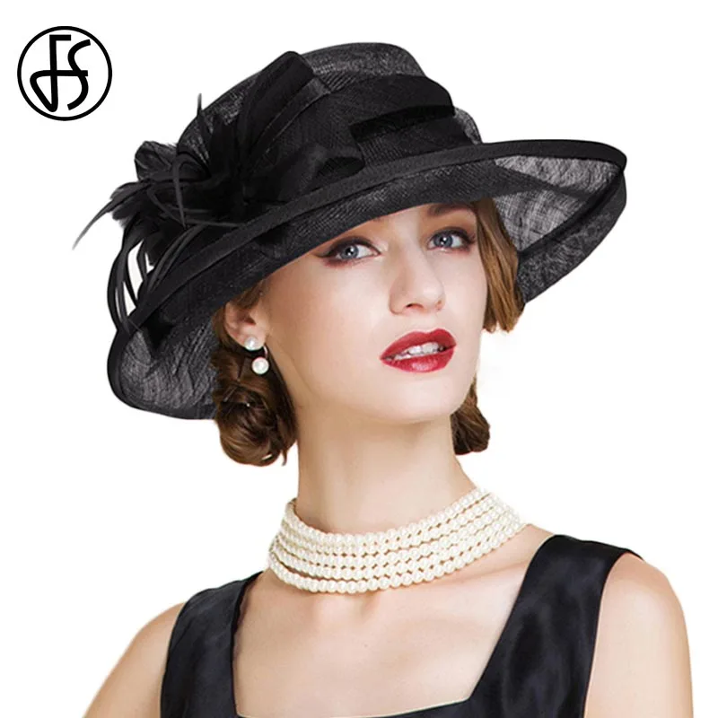 Black Женская льняная шляпка FS, широкополая шляпа с бантом и декоративным цветком, для церкви и торжественных случаев, черно-белая, летняя - Цвет: Black