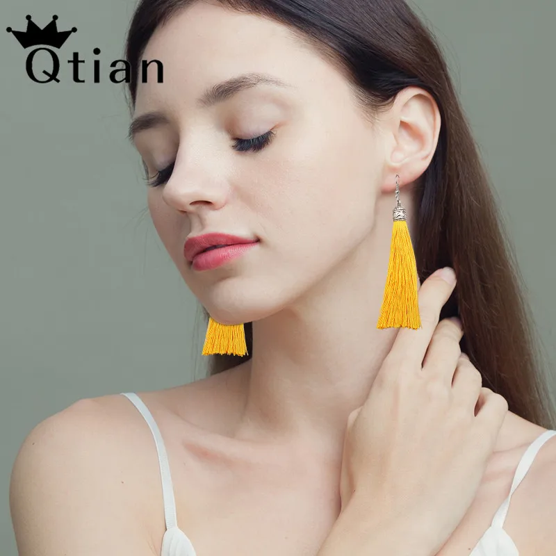 Женские длинные серьги Qtian Винтажные из шелковой ткани с кисточками
