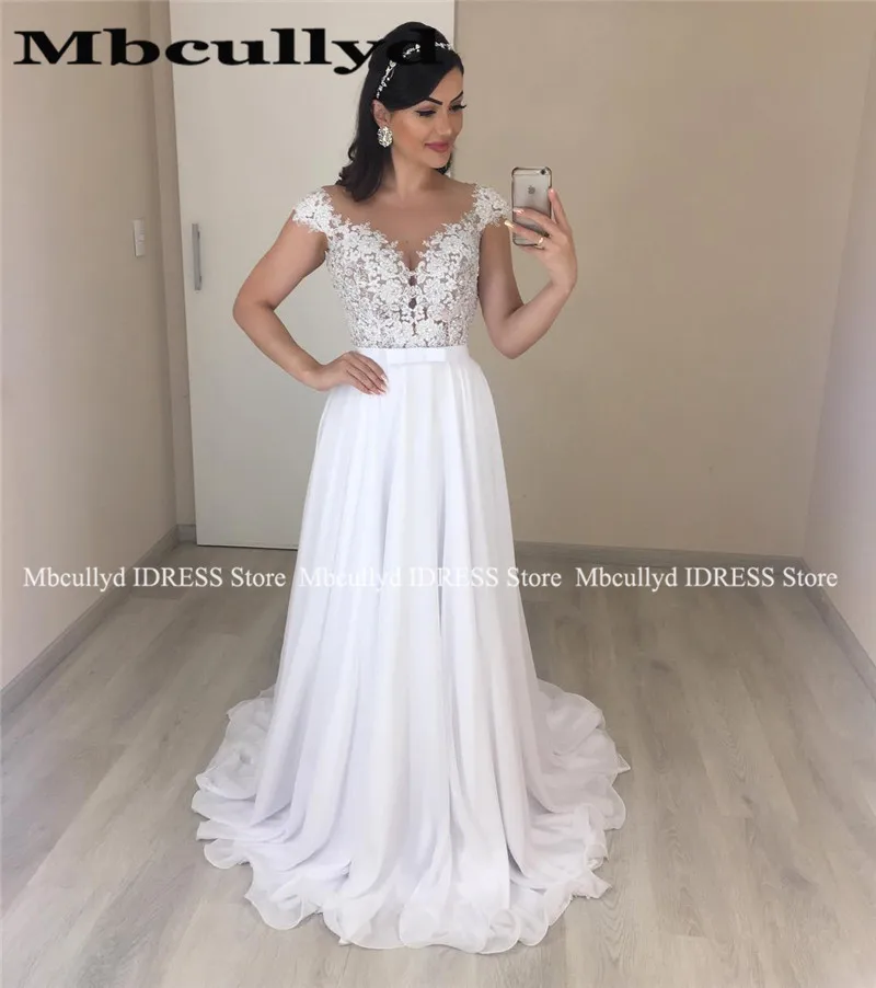 Элегантное шифоновое пляжное свадебное платье А силуэта 2019 пикантное кружевное