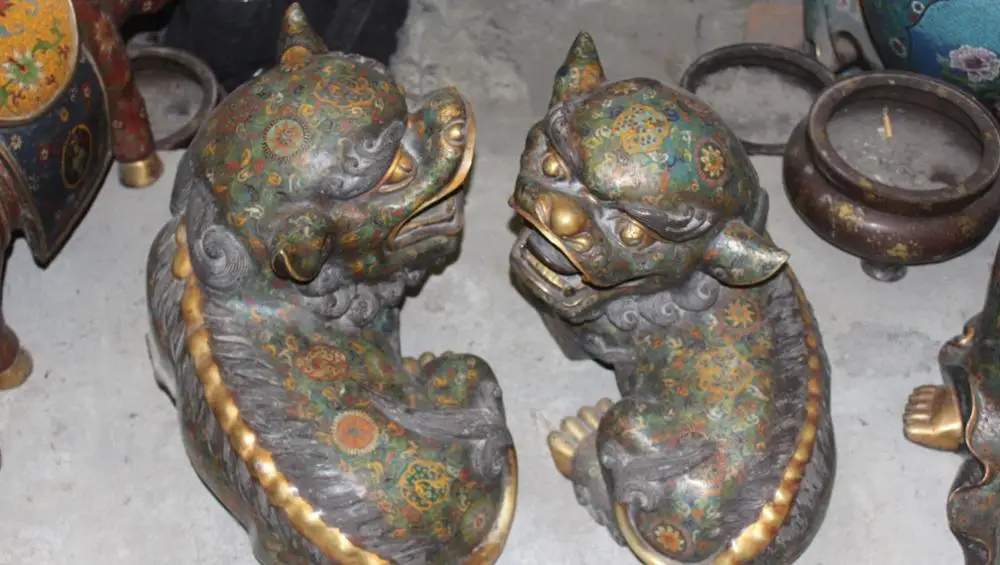 22&quotOld Rare Feng Shui Cloisonne Enamel Gilt Foo Fu Dog Guardion Lion Pair Statue | Дом и сад