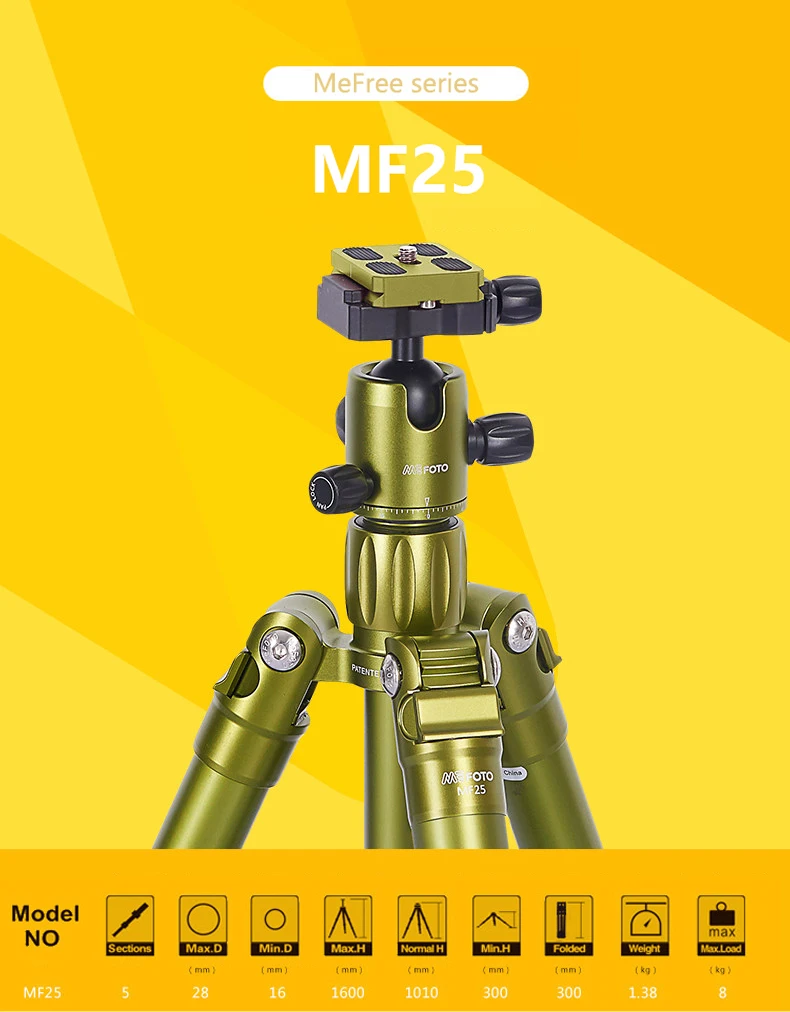 Профессиональный алюминиевый штатив Mefoto MF25 легкий кронштейн для фотографии портативный мобильный Устойчивый Штатив шаровая Головка для DSLR