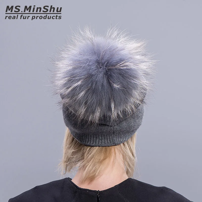 Ms. MinShu Вязаная кашемировая шапочка мех помпон Модная женская шапка с большой