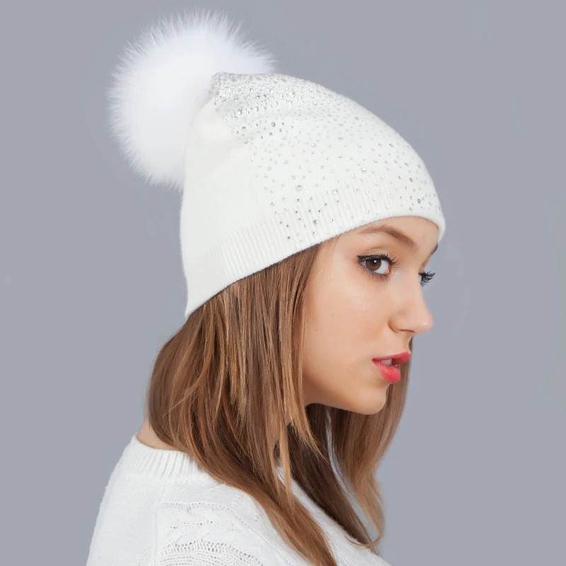 Белый норковый мех шапки с помпонами Hat Женская шерстяная шапка для девочек