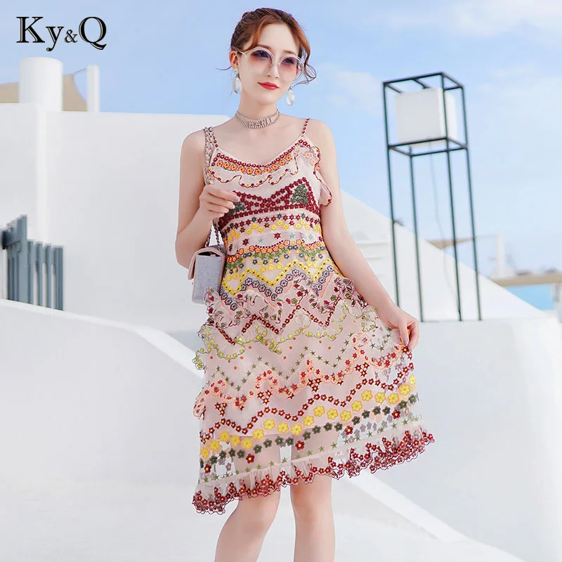 Luxury Floral Embroidery Striped Sweet Spaghetti Strap Beach Dress Women 2019 Summer Female Runway Party Dresses Tunic Clothing | Женская