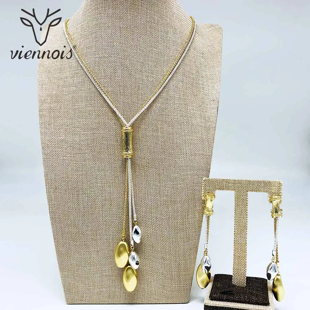 

Viennois Dubai Jewelry Set Gold Geometric Water Drop Bead Long Pendent Necklace Earrings Bridal Wedding Jewellery Sets for Women