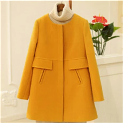 Ginger yellow Модное женское Шерстяное Пальто с О-образным вырезом и длинным рукавом, S-5XL, Одноцветный кардиган свободного кроя, зимняя приталенная теплая верхняя одежда - Цвет: Ginger yellow